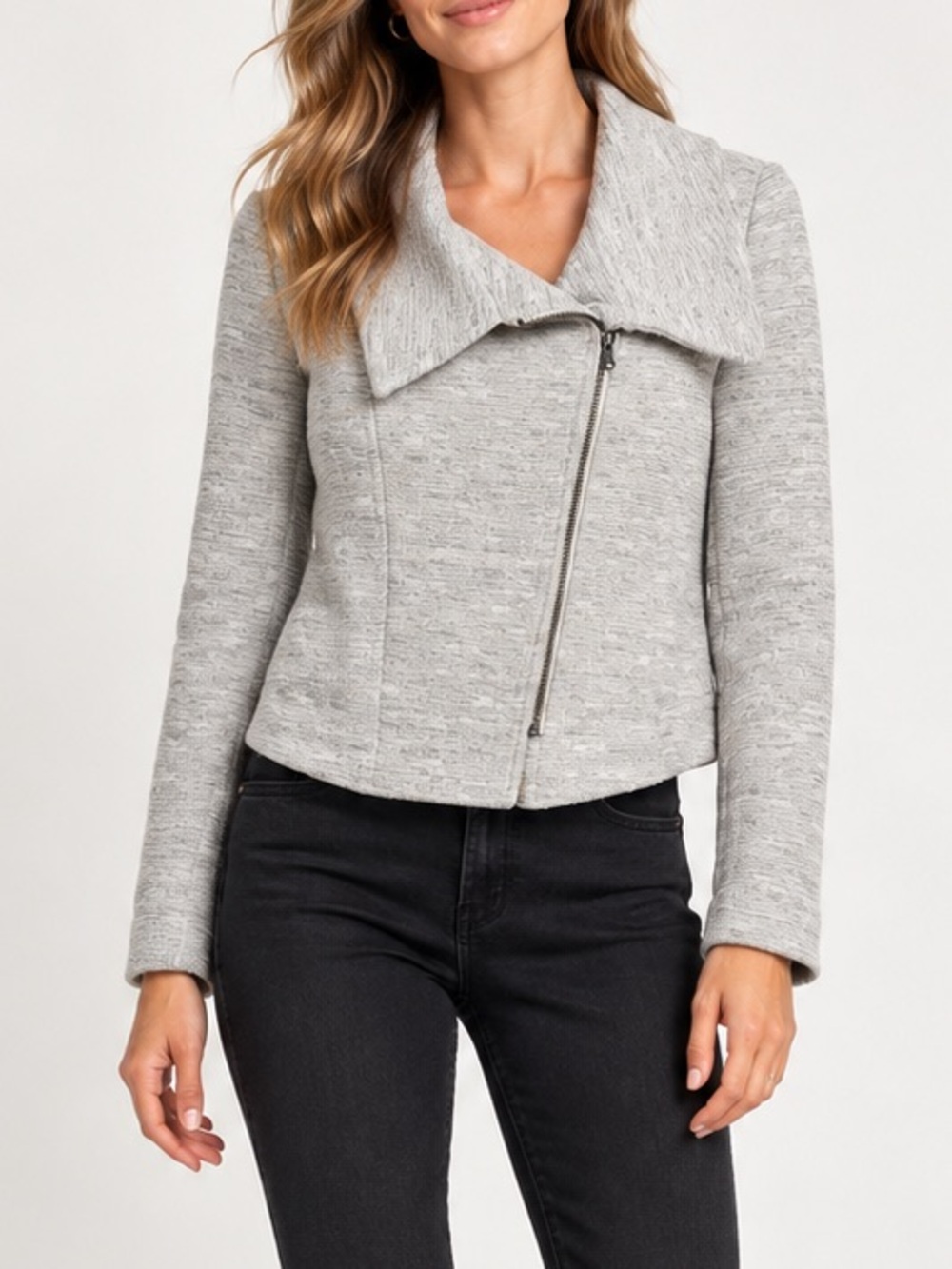 Banana Republic Tweed Gray Knit Moto Jacket Asymmetrical Zip Collar Cropped